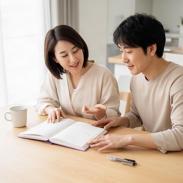 明るいダイニングで家計ノートを一緒に見る共働きの妻