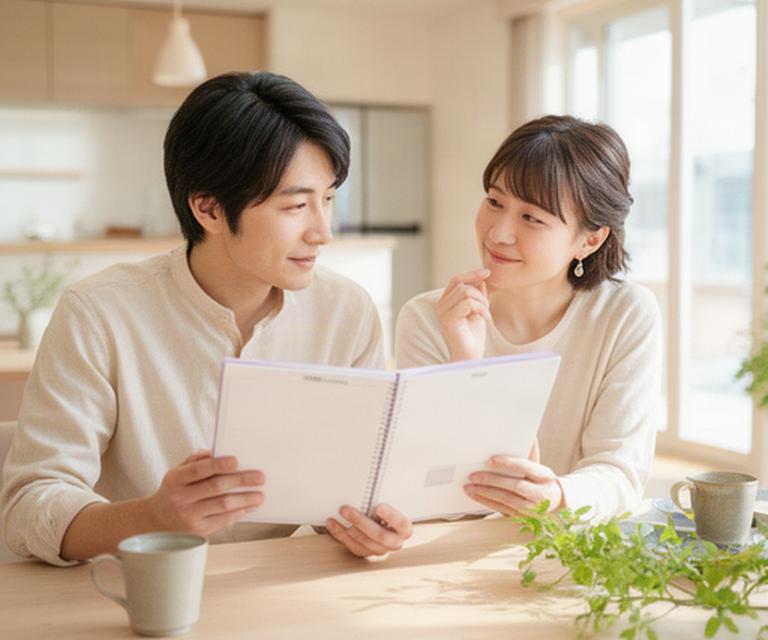 明るいダイニングで家計ノートを見ながら話し合う新婚夫婦